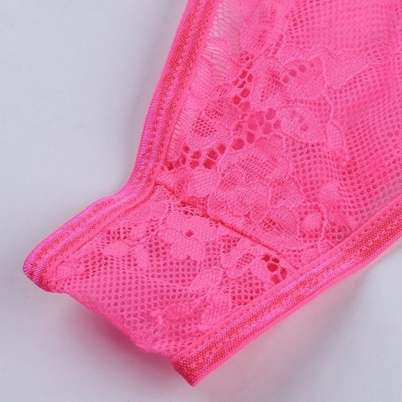 Neon Pink Lace Balconette Bralette Lingerie Set - Picture 11 of 15